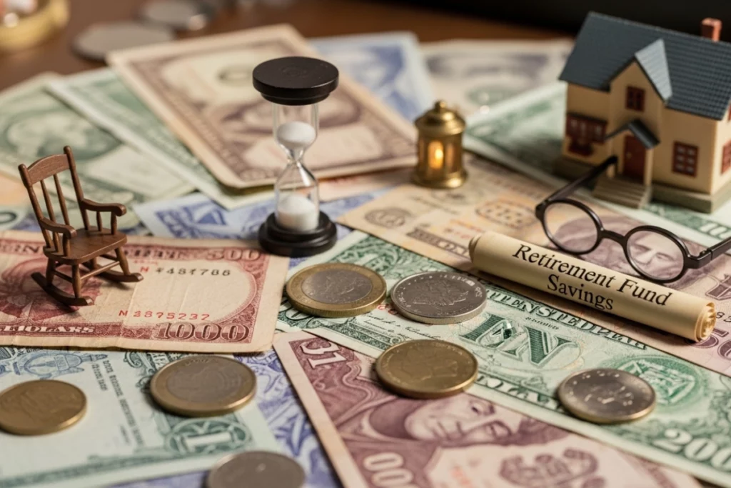 billetes sobre una mesa, sobre estos hay monedas, unas gafas, un reloj de arena y figuras miniatura como una mecedora y una casa