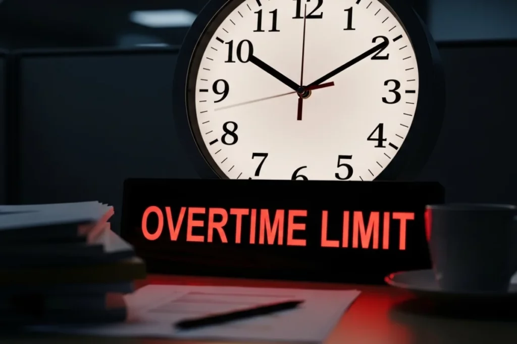 reloj de manecillas que marca las 10:15. Hay un letrero que dice "overtime limit"