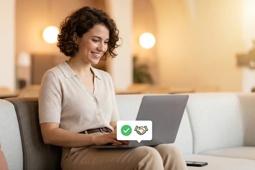 Mujer sonriente sentada en una sala con su laptop en las piernas.